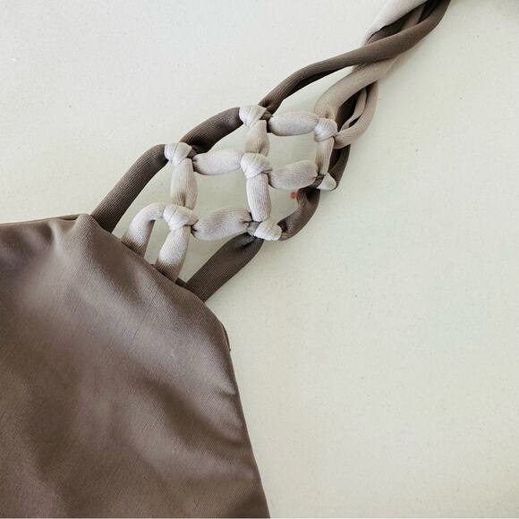 ANTHROPOLOGIE SIEMPRE GOLDEN Tan Beige Cream Halter Tie Multi Strap Bikini Top S - Picture 5 of 7